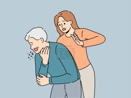 Illustration for Woman performs heimlich maneuver for choking old man who needs help due to airway obstruction. Sick human choked on food and coughed standing near girl ready to do heimlich maneuver - Royalty Free Image