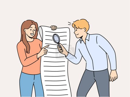 Illustration for Man and woman are studying large business document using magnifying glass to look for hidden information in legal documents. Business people analyze and check data before signing contract - Royalty Free Image