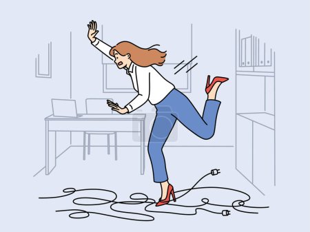 Businesswoman trips on wires and falls, risking injury due to clumsiness or mess in workplace. Falling girl office employee gets tangled in electrical cable lying on floor and screams falling