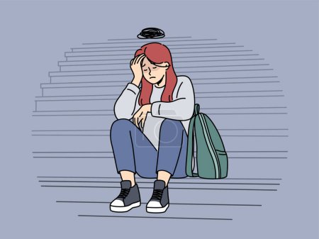 Illustration for Teenage woman cries because of bullying or harassment and sits on steps suffering from social problems. Upset girl needs psychological support to overcome complexes caused by bullying in college - Royalty Free Image