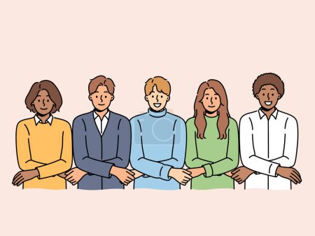 Illustration for Team of multiracial people students holding hands and showing unity or lack of discord among university pupils. Team of diverse students participate in team-building and trust-building activity - Royalty Free Image