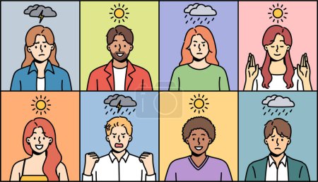 Illustration for People experiencing mood swings due to weather conditions and cloudiness or magnetic storms in sun. Portraits men and women suffering during rain or lightning, for concept influence of climate on mood - Royalty Free Image