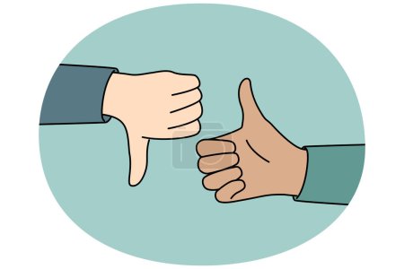 Illustration for Closeup of people hands showing thumb up and down. Man or woman demonstrate like or dislike. Approval and disapproval. Vector illustration. - Royalty Free Image