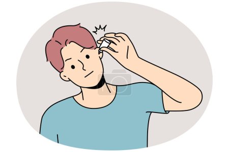 Illustration for Unhealthy young man use eardrops suffer from infection. Unwell sick guy get medication for inflamed ear. Healthcare and medicine. Vector illustration. - Royalty Free Image