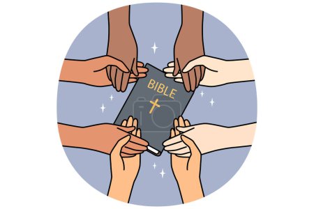 Illustration for Closeup of diverse interracial people hold hands praying together. Multiethnic group holding bible engaged in prayer. Religion and faith. Vector illustration. - Royalty Free Image