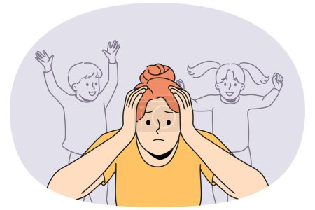 Stressed young mother annoyed with loud kids screaming. Unhappy distressed woman bothered with noisy children suffer from motherhood. Vector illustration.