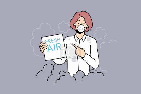Illustration for Woman suffers from air pollution and shows paper with inscription fresh air standing in protective mask. Problem of environmental pollution due to coal plants and carbon emissions. - Royalty Free Image