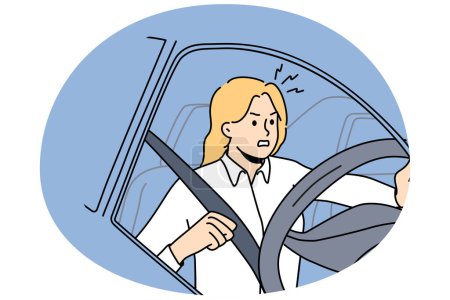 Furious young woman beep at road driving car. Mad girl feel angry and frustrated in traffic lose control. Vector illustration.