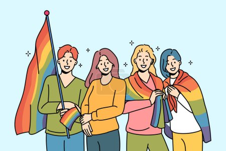 LGBT people with rainbow flags for gay parade are called to celebrate pride month and take part in queer festival. LGBT and LGBTq men and women promote free love or non-traditional values