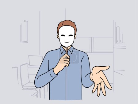 Illustration for Man manager in mask extends palm for handshake, for concept of deception and hypocrisy in business. Guy office clerk wants to deceive colleague or boss, using mask to substitute emotions. - Royalty Free Image