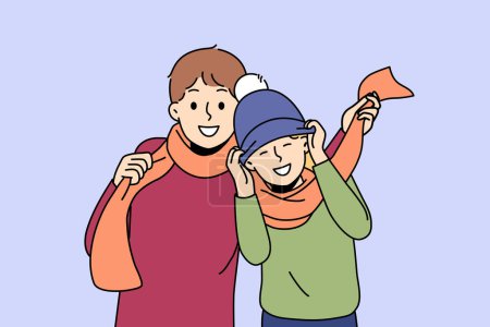 Illustration for Little boys in winter hats and scarves rejoicing at onset of winter and preparing for walk in park. Boys brothers or friends having fun enjoying communication and coming of december holidays - Royalty Free Image