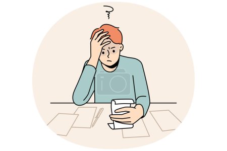 Illustration for Confused young man sit at table frustrated with bills and expenses. Unhappy guy look at receipts shocked distressed with expenditure and taxes. Vector illustration. - Royalty Free Image