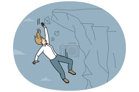 Scared businesswoman fall from cliff suffer from failure or loss at work. Unhappy terrified female employee falling from rock failed with project. Vector illustration.