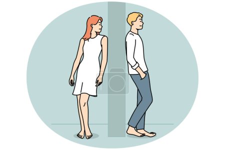 Illustration for Man and woman separated by wall. Young couple stand on different sides of wall. Separation and breakup. Vector illustration. - Royalty Free Image