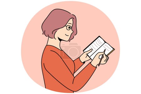 Illustration for Smiling young woman in glasses take notes in notebook. Happy female write in notepad, make plan or list. Vector illustration. - Royalty Free Image