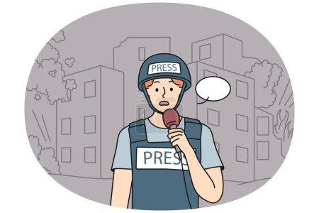 Illustration for Scared male reporter in protective gear lead live broadcast from war zone. Stressed man correspondent in helmet speak cover news from warzone. Vector illustration. - Royalty Free Image