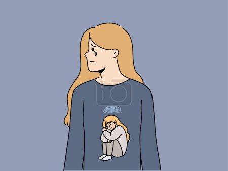 Illustration for Woman cries due to stress and depression caused by psychological trauma in childhood, dressed in t-shirt with little crying girl. Psychological concept with female teenager needing psychotherapist - Royalty Free Image