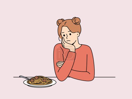 Ilustración de La mujer experimenta falta de apetito y tristemente mira el plato de espaguetis debido a problemas psicológicos y bulimia. Niña sufre de falta de apetito que causa trastornos digestivos y bulimia. - Imagen libre de derechos