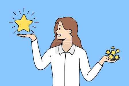 Woman holds rating stars in hands and chooses what rating to give to restaurant on website with reviews. Smiling girl in libra pose encourages you to evaluate your user experience with company