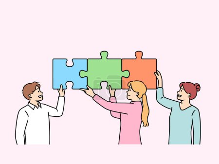 Illustration for Teamwork of business people putting together puzzle to jointly solve problem of increasing company profits. Teamwork of man and two women experiencing sense of unity and desire to help colleagues - Royalty Free Image