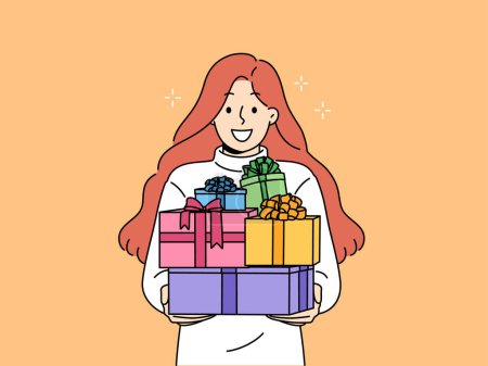 Téléchargez les illustrations : Femme avec des boîtes-cadeaux dans les mains sourit, se réjouissant d'un grand nombre de cadeaux de nouvel an d'amis et de parents. Joyeux anniversaire fille tenant tas de cadeaux donnés à la veille des vacances - en licence libre de droit