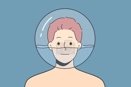 Illustration for Man with glass ball filled with water on head for concept of psychological problems and need for psychiatrist intervention. Man with face immersed in transparent aquarium smiles looking at screen - Royalty Free Image