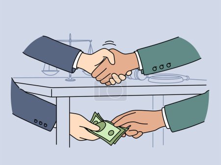 Illustration for Official shakes hands with businessman after receiving bribe for unfair judicial decision or closure of criminal case. Judge with bribe symbolizes problems in field of law and jurisprudence - Royalty Free Image