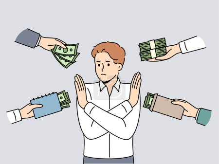Illustration for Man refuses monetary bribes by crossing arms in front of chest and not wanting to participate in illegal transactions. Anti-corruption guy calls for giving up bribes or undeserved enrichment - Royalty Free Image