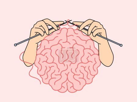 Illustration for Human brain and hands with knitting needles, as metaphor for intellectual development and attempts to become smarter. Concept self-development and increasing brain capabilities to achieve your goals - Royalty Free Image