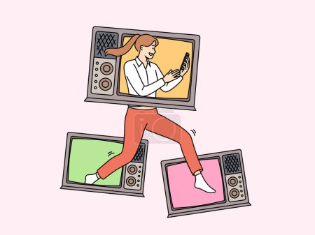 Illustration for Woman with televisions holds phone showing love for watching online videos in mobile applications. Girl runs with televisions on body and dreams becoming star and participating in filming of TV show. - Royalty Free Image
