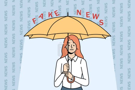 Téléchargez les illustrations : Femme se couvre d'un parapluie de fausses nouvelles et de désinformation, pour concept de lutte contre la propagande nuisible. Fille résiste et maintient l'hygiène de l'information se cacher de fausses nouvelles - en licence libre de droit