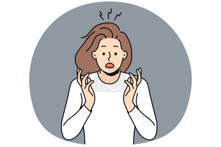 Illustration for Stunned young woman feeling shocked and scared with unexpected news or message. Shocked girl terrified or astonished show emotions. Vector illustration. - Royalty Free Image