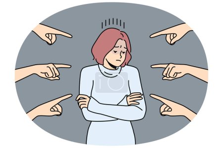 Mujer joven angustiada de pie rodeada de numerosos dedos que señalan. Las mujeres infelices sienten acoso y acoso en la sociedad. Ilustración vectorial.