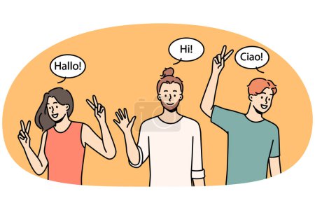 Illustration for Smiling multiracial people waving hands greeting in different languages. Happy interracial men and women saying hello. Multiethnic group. Vector illustration. - Royalty Free Image