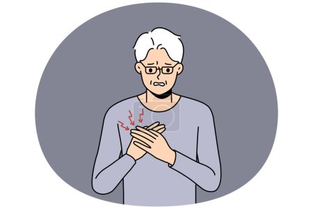 Illustration for Unhealthy mature grandfather suffer from heart problems. Unwell sick old man touch chest struggle with cardiac arrest. Elderly healthcare. Vector illustration. - Royalty Free Image