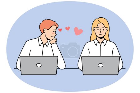 Young man in love look at female colleague working together at laptops in office. Male employee admire woman worker at workplace. Work romance. Vector illustration.