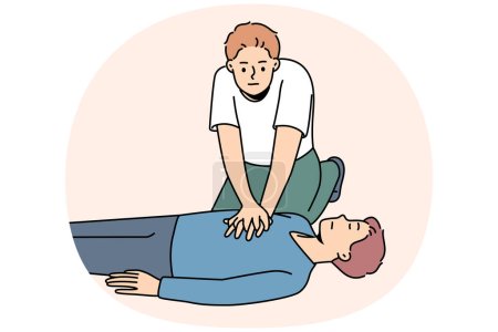 Hombre joven haciendo masaje cardíaco a un tipo tendido en el suelo sufriendo de paro cardíaco. La persona realiza resucitación de primeros auxilios. Salud y medicina. Ilustración vectorial.