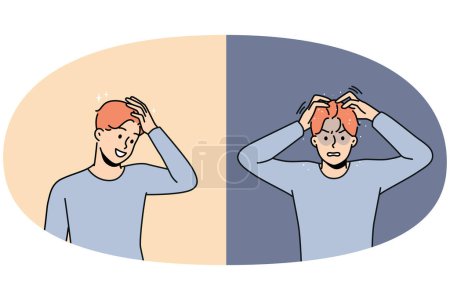 Illustration for Set of young man suffer from dandruff versus excited with clean healthy hair after treatment. Concept of medical or beauty procedures for haircare. Vector illustration. - Royalty Free Image