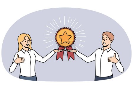 Smiling businesspeople with golden reward or trophy show thumb up give recommendation. Happy employees demonstrate award recommend good service. Vector illustration.