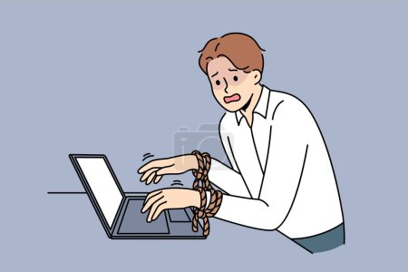 Illustration for Business man has fallen into slavery from work, and suffers, standing near laptop with hands tied. Concept of career slavery forcing overwork and overtime due to lack of trade union - Royalty Free Image