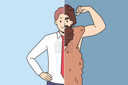 Illustration for Man demonstrates progress of humanity and transformation into businessman from neanderthal through motivation or ambition. Guy has made great progress by working hard and improving himself - Royalty Free Image