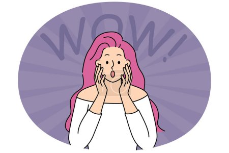 Stunned young woman with pink hair make facial expression feeling shocked and surprised. Amazed girl show wow gesture amazed with news. Vector illustration.