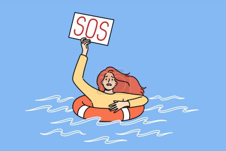 Illustration for Drowning woman with SOS sign uses lifebuoy, floating in water after falling overboard ship. Girl with inscription SOS symbolizes bankruptcy caused by unfavorable business climate and layoffs - Royalty Free Image