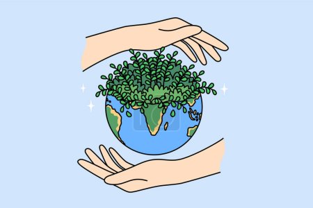 Illustration for Planet earth and hands of people, caring about preserving environment or ecology of diversity causing plant growth. Ecology day concept to reduce CO2 emissions and combat climate change - Royalty Free Image