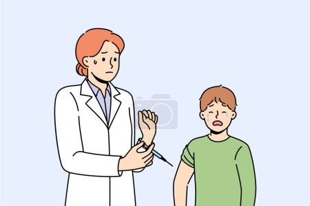 Illustration for Boy suffers vaccine phobia and is crying standing near woman doctor holding syringe with injection in hands. Nurse hesitates to inject vaccine into young patient who is throwing tantrum. - Royalty Free Image
