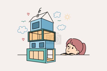 Little girl dreams of own house, seeing model of house in modern architectural style. Child wants to become architect and design houses for comfortable life or to make money from real estate