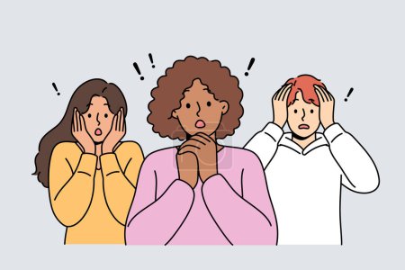Illustration for Frightened people feel fear after warnings of approaching storm or financial crisis causing mass layoffs. Multiethnic women and man with frightened grimaces experiencing shock and panic due to phobia - Royalty Free Image