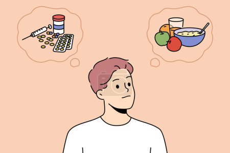 Illustration for Man chooses between healthy food and pharmacological drugs, relieve appetite and hunger. Guy was thinking about buying expensive pills, promote weight loss due to effect on person appetite - Royalty Free Image