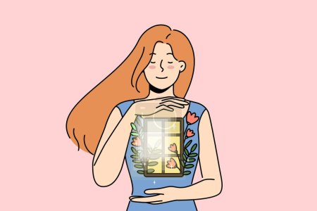 Illustration for Positive woman demonstrates purity of soul and absence of sins due to caring for inner world, holding window with flowers in hands. Positive girl feels light thanks to regular meditation for balance - Royalty Free Image