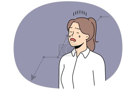 Illustration for Unhappy businesswoman cry stressed with financial graph going down. Distressed female employee or worker frustrated with economic recession or crisis. Vector illustration. - Royalty Free Image